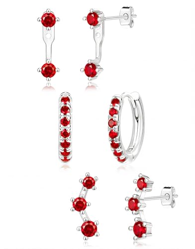 Silver Red Earrings for Women Red Stud Huggie Hoop Jacket Earring Stacks for Multiple Piercing Created Garnet January Birthstone Trendy Jewelry Gifts
