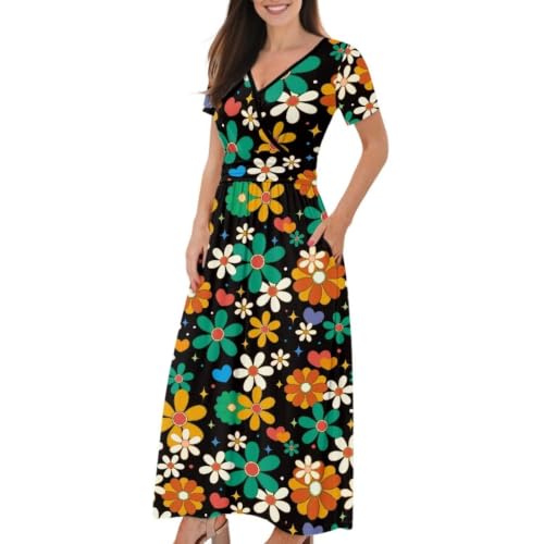 Image of Women's Fall Summer Short Sleeve Ankle Length V-Neck Party Dress with Pockets Size S-3XL