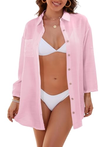 ZAZNEA Damen Strandkleid Bikini Cover Up Sommer Strandbluse Strandhemd V-Ausschnitt Strandponcho Bademode Strand Hellrosa M