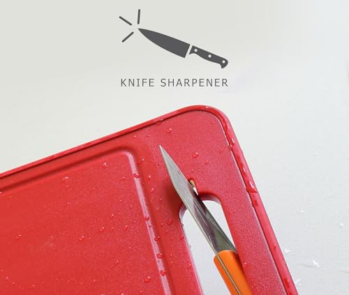 Tabla de cortar rectangular Funday de plástico rojo con mango incorporado y ranura para jugos, multifuncional con afilador y rallador miniatura 5