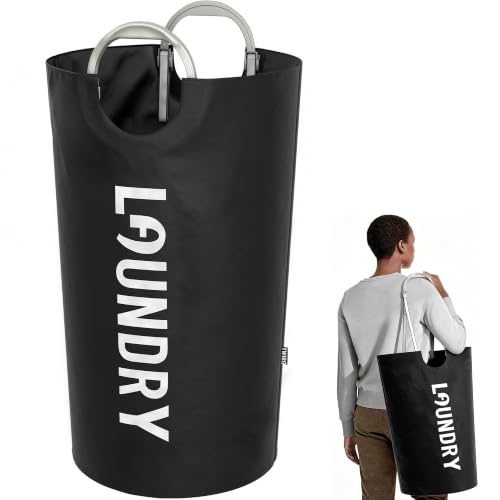 Image of 100L Laundry Basket with Tech Handle, 2in1 Large Dirty Clothes Hamper Black | Hand or Shoulder Carry, Collapsible Foldable Bin, Plastic Handle, 600D Oxford with Waterproof PE Coating for Dorm, Bathroom