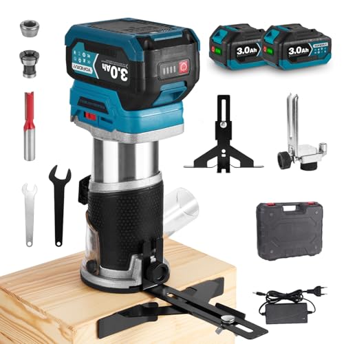 YOFIDRA Défonceuse Affleureuse 21V Sans Fil, 800W Brushless 30000r/min, 2 Batteries 3.0Ah avec Chargeur, 6 Vitesses, Outil Électrique avec Pinces 6.35mm/8mm pour Travail du bois