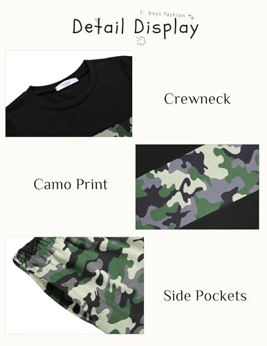Image of Arshiner Boys' 2-Piece Cotton Outfit Color Block T-Shirt and Shorts Set Summer Camo Clothes for Kids 5-14 Years