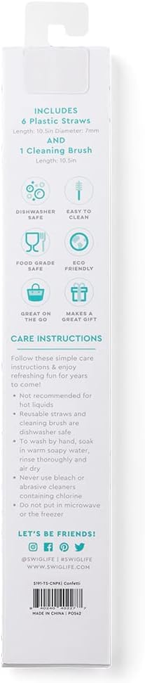 Swig Life Pack of 6 Reusable Plastic Straws with Cleaning Brush, BPA Free Plastic Reusable Straws, Colorful Drinking Straws for Cups & Tumblers (Confetti + Pink) - Image 5