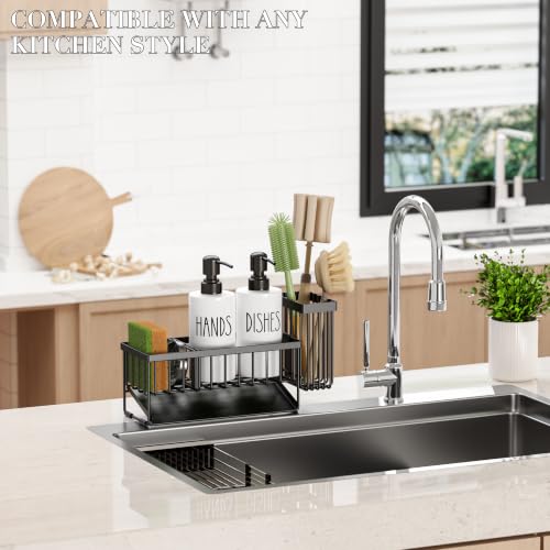 Image of MASADI Kitchen Dish Soap Dispenser Set with Sponge Holder, 12OZ Glass Bottle, Hand and Dish Soap Dispenser Set, Non-Slip Silicone Pad, Brush Holder, Kitchen Sink Organizer Countertop (Black+White)