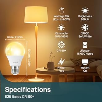 Linkind A19 LED Light Bulbs Dimmable, 60W Equivalent, 2700K Soft White LED Light Bulbs, High CRI90, 9W Energy Efficient 800 Lumens, E26 Base, UL Listed, Lighting for Bedroom Living Room, 6 Packs