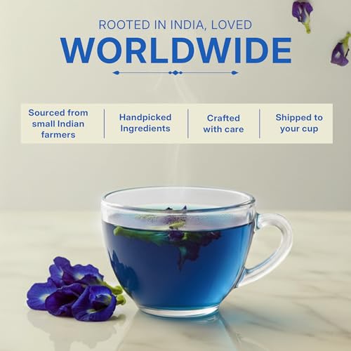Image of Tealeaf & Co. Butterfly Pea Herbal Tea Bags Blended with Fresh Herbs - Herbal Tea with Butterfly Pea Flower - Contains Low Caffeine - Gluten Free - 50Teabags (3.52oz /100gm)