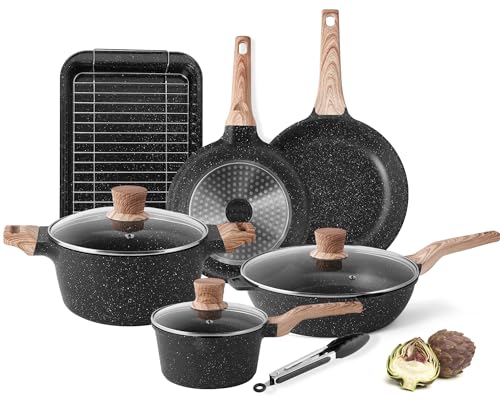 Image of Pots and Pans Set - Caannasweis Kitchen Nonstick Cookware Sets Granite Frying Pans for Cooking Granite Pan Sets Kitchen Essentials Set (Baking or Roasting Black)