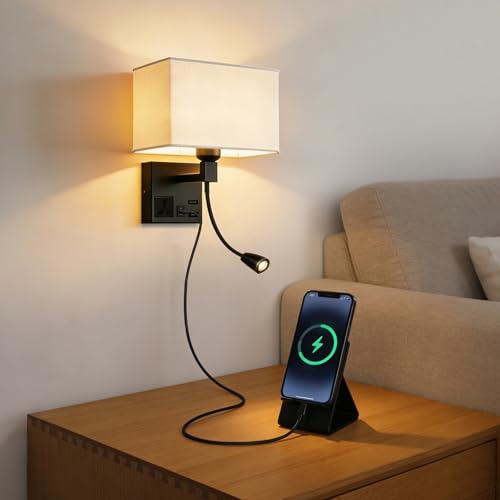 Image of Plug in Wall Sconce, Bedside Wall Lamp for Bedroom with AC Outlet & USBA+C Charging Port, Wall Mounted Reading Light with 360Adjustable, Black Headboard Lamps with 3 Color Temperature