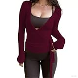 Women's Fashion Cross Wrap Shirt Cropped Long Sleeve Tie Up Cover Up Top for Pilates Ballet Workout Yoga Gym (Dark Red, S)