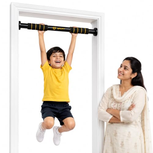 Image of UPLIFT Pull Up Bar for Kids | Doorway Hanging Rod & Chin Up Bar For Kids and Adults | No Screw Hanging Rod with Anti-Skid Foam Grip | Adjustable Heavy Duty Strength Training Gym Equipment (62-100cm)| 100kgs Capacity