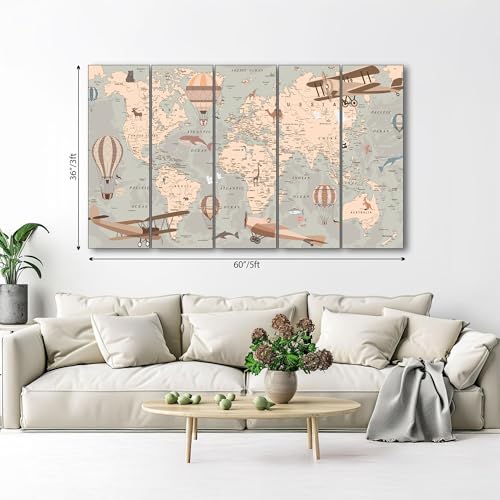 Image of The Castle Decor wooden World Map wall decor painting 5 Big Size Multiple Frames Wall Art for Living Room,bedroom,drawing Room,hotels-Framed-Poster Painting(36x60 inch)