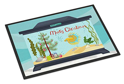 Caroline's Treasures CK4523MAT CrownTail Betta Merry Christmas Doormat 18x27 Front Door Mat Indoor Outdoor Rugs for Entryway, Non Slip Washable Low Pile, 18H X 27W
