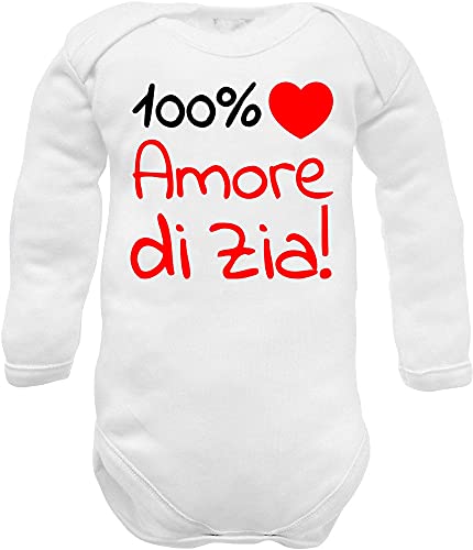 Idea: Regalo nascita body neonato manica lunga caldo cotone bianco divertenti frase 100% amore di Zia cuore rosso - idea regalo nascita nipote (body Zia w ml cc 12-18 mesi)