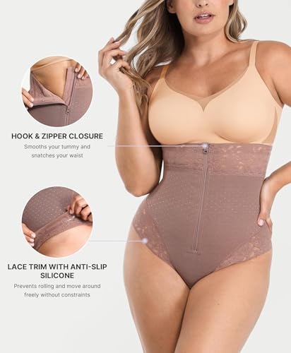 Image of SHAPELLX Tummy Control Shapewear for Women High Waisted Shaping Thong Faja | Hook zipper closure, high waist, airslim, under dress, no panty lines, no rolling, breathable mesh, for daily wear, formal