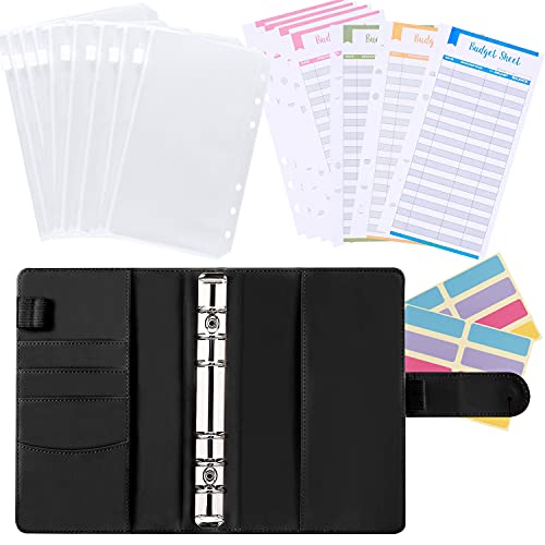 Classeur A6 en PU Cuir, Porte Documents Multifonctionnel avec 8 Pochettes Transparentes Zippées Dossier de Conférence Classeurs à 12 Anneaux Budget Familial Recharge (Noir) Cover