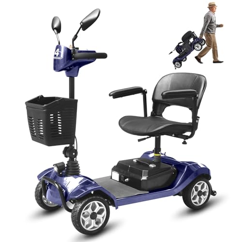 Scooters de Movilidad, Scooters de Movilidad Plegables para Adultos, 20KM Scooter de movilidad de 4 ruedas Estable, Movilidad scooter plegable 150KG, con Canasta (Azul)