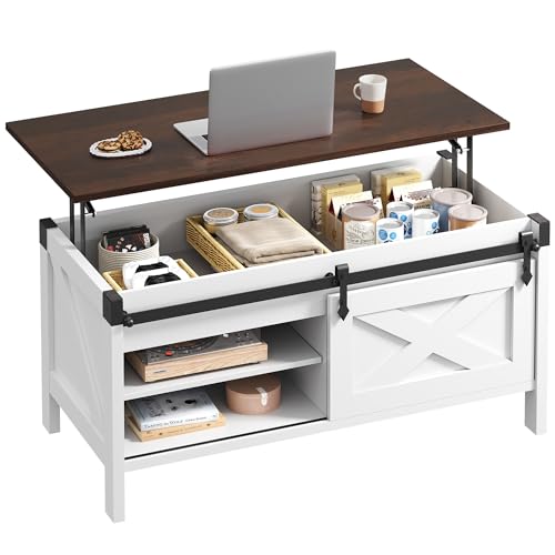 WLIVE Lift Top Coffee Table, 39.4' Farmhouse Coffee Table with Large Hidden Storage Compartment, Sliding Barn Doors, Modern Wood Center Table for Living Room, Office, White