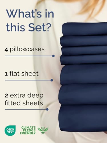 Image of Extra Deep Split King Sheet Set - 7 Piece Breathable & Cooling - Navy Blue | Hotel Luxury Bed Sheets Set, Easy & Secure Fit, Ultra-Soft, Wrinkle & Fade Free, Comfy Sheets Set with Extra Deep Pockets