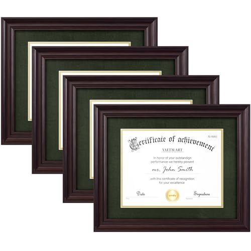 Yaetm 11x14 Diploma Frame, Certificate Frame with Tempered Glass, Display 8.5x11 Document with Dark Green Over Gold Acid-free Mat or 11 x 14 without Mat, Wide Molding (4 Pack, Brown/Green)