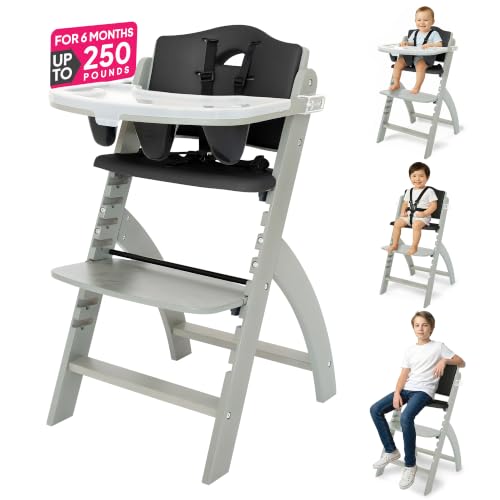 Image of Abiie Beyond Junior Wooden High Chair for Babies and Toddlers - Convertible 3-in-1 Baby Highchair with Removable Tray - 6 Months to 250 Lb - Water Resistant - Misty Grey Wood /Black Pearl Cushion