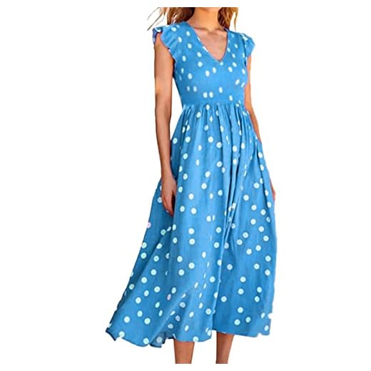 SoLu DAY8 ärmlös tunika klänning dam stor storlek chic och elegant Glamour Party Print prickig linne klänning dam lång billig sommar casual strand lös Maxi klänning, Färg: blå, M