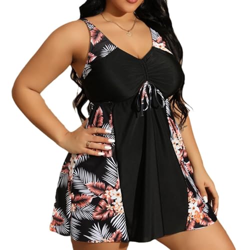 Women’s Plus Size Swim Dress with Shorts Tankini Swimsuits Two Piece Bathing Suits Floral Printed Swimwear