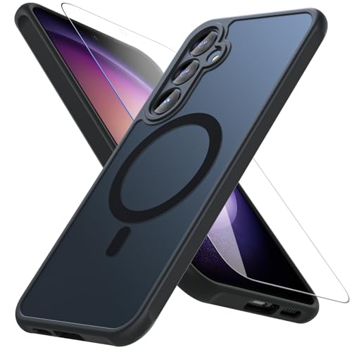 OWKEY Hülle Kompatibel mit Samsung Galaxy S23 FE Kompatibel mit Magsafe mit Panzer Schutz Glas [Schutz in Militärqualität] Stoßfest Magnetisch Handyhülle Case Dünn Outdoor Cover Schutzhülle Schwarz