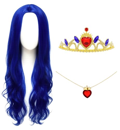 Swooflia Blue Wavy Wig for Women & Cosplay Accessories - Convenient Set Includes Adjustable Wig Cap, Necklace, Crown, Cosplay Wig for Halloween, Costume, Party and Daily Use (Wig-25)