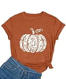 Camiseta de manga corta para mujer, diseño de calabaza con texto en inglés 'Happy Halloween', Burnt Orange-1, XL