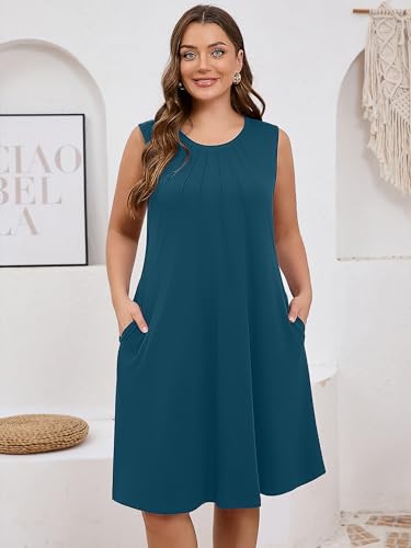 Image of AusLook Plus Size Midi Dress for Women Sleeveless Casual Summer Tank Dress with Pockets A-Line Loose Swing Dress 1-5X