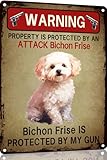 TopPacific Bichon Frise - Póster de metal vintage divertido de perro, letrero de advertencia de aluminio protegido por perro, decoración de pared, póster artístico para amantes de los perros, regalo
