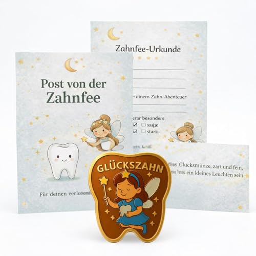 Milaboo Zahnfee Geschenk Kinder Zahnform Glücksmünze (3 5 cm) im Organzasäckchen mit Karte Post von der Zahnfee Urkunde & Umschlag Geschenkset zum Zahnverlust (farbe neu)
