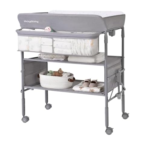 Baby Changing Table with Wheels, Maydolly Portable Foldable Changing Table, Waterproof Diaper Changing Station, Adjustable Height Changing Station, Mobile Nursery for Newborn and Infant (Grey) Cover