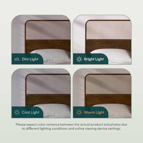 Image of Bme Solid Wood Calista King Bed Frame - Chestnut Finish Platform Bed with Upholstered Headboard, Mid-Century Modern Style with Sturdy Slats & Tapered Legs, No Box Spring Needed