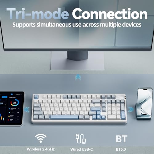 Image of CORBOBO LEOBOG A98-96% Mechanical Keyboard Wireless, Tri-Mode BT5.0 /2.4GHz /USB-C, Creamy Keyboard with Number Pad, Gasket Structure Hot Swappable, Custom Gaming Keyboard RGB Backlit with Knob for PC