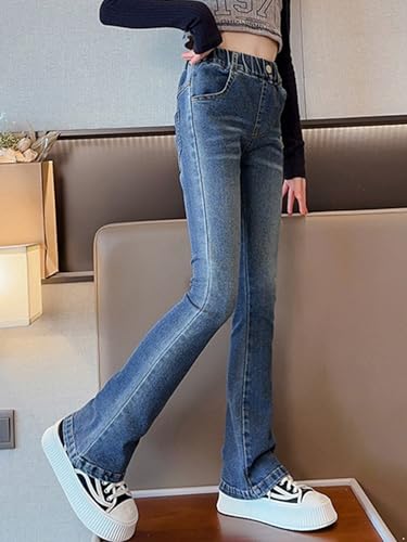 Kids Girls Denim Pants Elastic Waist Bell Bottom Flared Jeans with Pockets Casual Trousers4