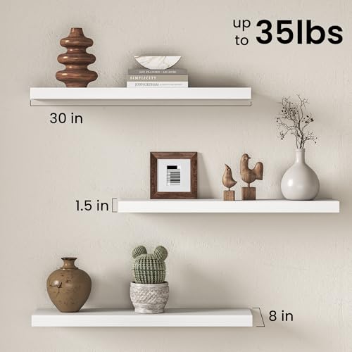 Image of Fun Memories 30Inch Floating Shelves for Wall, 8 Inch Deep Shelves for Bathroom|Bedroom|Kitchen Wall Mounted, Wood Hanging Shelf with Invisible Brackets for Home Storage Decor, White - 2 Pack