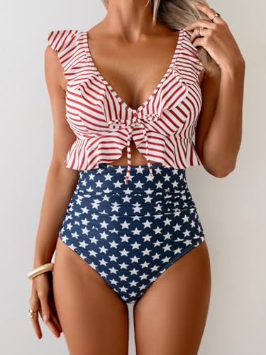 Image of Eomenie One Piece Swimsuit for Women Tummy Control Ruffle Bathing Suit V Neck Ruched Swim Suit Slimming Cutout Swimwear