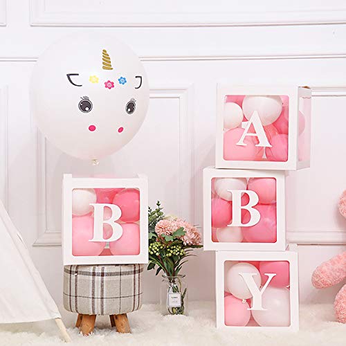 Baby Shower Boxes Party Decorations – 4 Pcs Transparent Balloons Boxes Décor With Letters, Individual Baby Blocks Design For Boys Girls Baby Shower Decorations Gender Reveal Bridal Showers Birthday Party Backdrop #TOP5