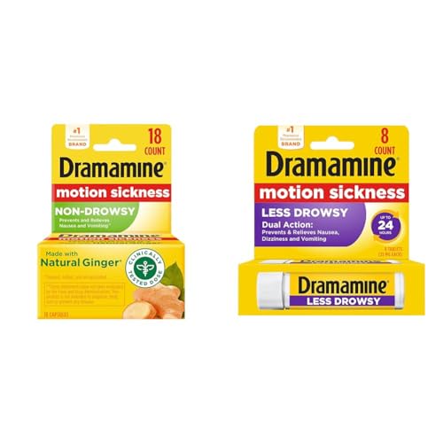 Image of Dramamine Non-Drowsy, Motion Sickness Relief, Made with Natural Ginger, 18 Count & Motion Sickness Relief Less Drowsey Formula, 8 Count