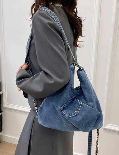 Large Denim Tote Hobo Bag for Women, Jean Purse Shoulder with Adjustable Strap(Blue)4