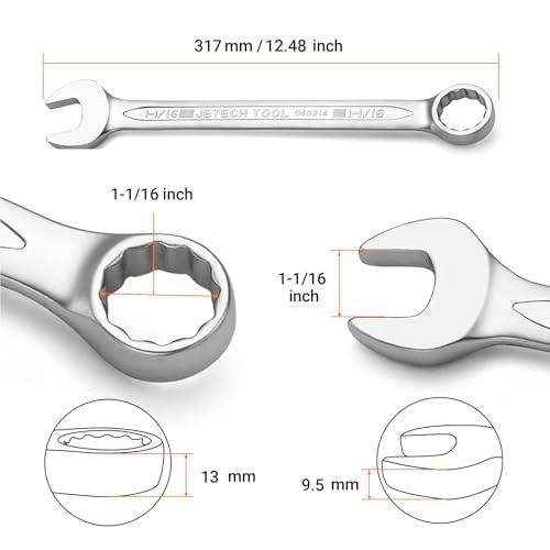 Image of Jetech 1-1 /16 inch Combination Wrench, SAE 12-Point Chrome Vanadium Steel Spanner, Industrial Grade with 15-Degree Offset, Sand Blasted Finish, Heat-Treated Forged Tool