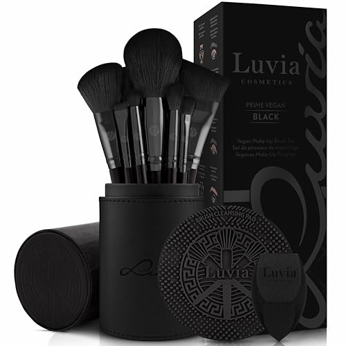 Set de pinceaux de maquillage Luvia, Prime Vegan Pro - Black, 12 pinceaux de maquillage avec rangement pour pinceaux, éponge Blender & tapis de nettoyage pour pinceaux cosmétiques, en noir