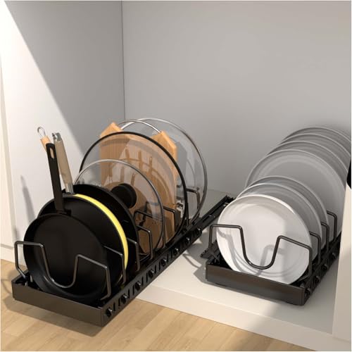Pots and Pans Organizer Under Cabinet, Sliding Lid Holder and Pan Rack in Kitchen, Slide Out inside Cabinet Storage for Pot Lid, Bakeware, Dishes, 8 Adjustable Dividers, 2 Pack Black