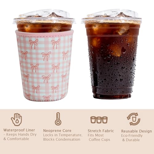 Image of Reusable Insulated Sleeve for Iced Coffee Cup, Coffee Neoprene Sleeve for Cold & Hot Drinks, Beverage Holder for Iced Coffee (Lovely Bows, Small: 16-18oz)