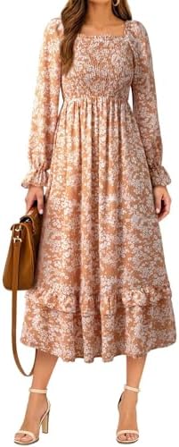 Dokotoo Boho Dresses for Women 2025 Casual Floral Square Neck Long Sleeve Smocked Elastic Waist Tiered Ruffle Hem Maxi Dress