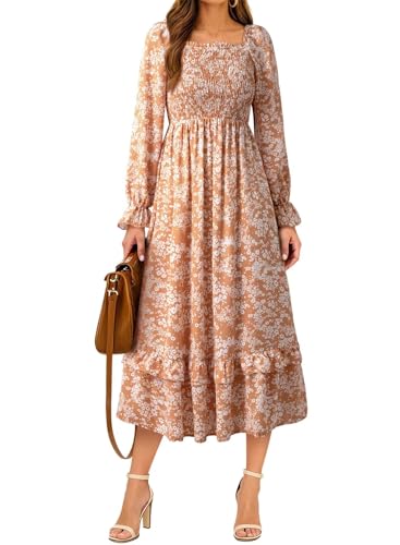 Image of Dokotoo Boho Dresses for Women 2025 Casual Floral Square Neck Long Sleeve Smocked Elastic Waist Tiered Ruffle Hem Maxi Dress