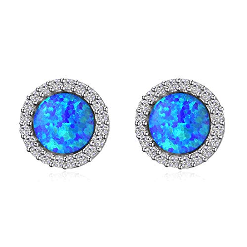 FANCIME October Birthstone 925 Sterling Silver Created Blue Opal Halo Stud Earrings Cubic Zirconia Round Shape Small Danity Fine Jewelry for Women Girls