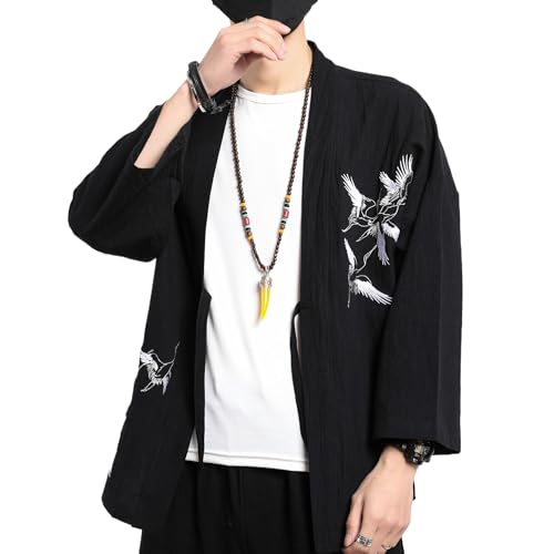 Image of Men's Japanese Kimono Cardigan Loose Cotton Linen 3 /4 Sleeve Open Front Casual Summer Shirt Jackets